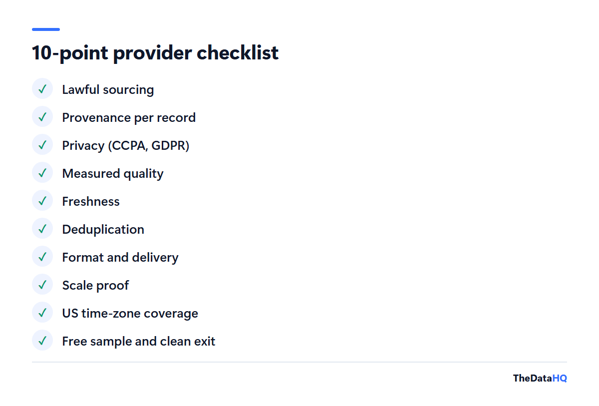 Ten-point checklist for choosing an AI training data company, from lawful sourcing and provenance to free sample and exit terms