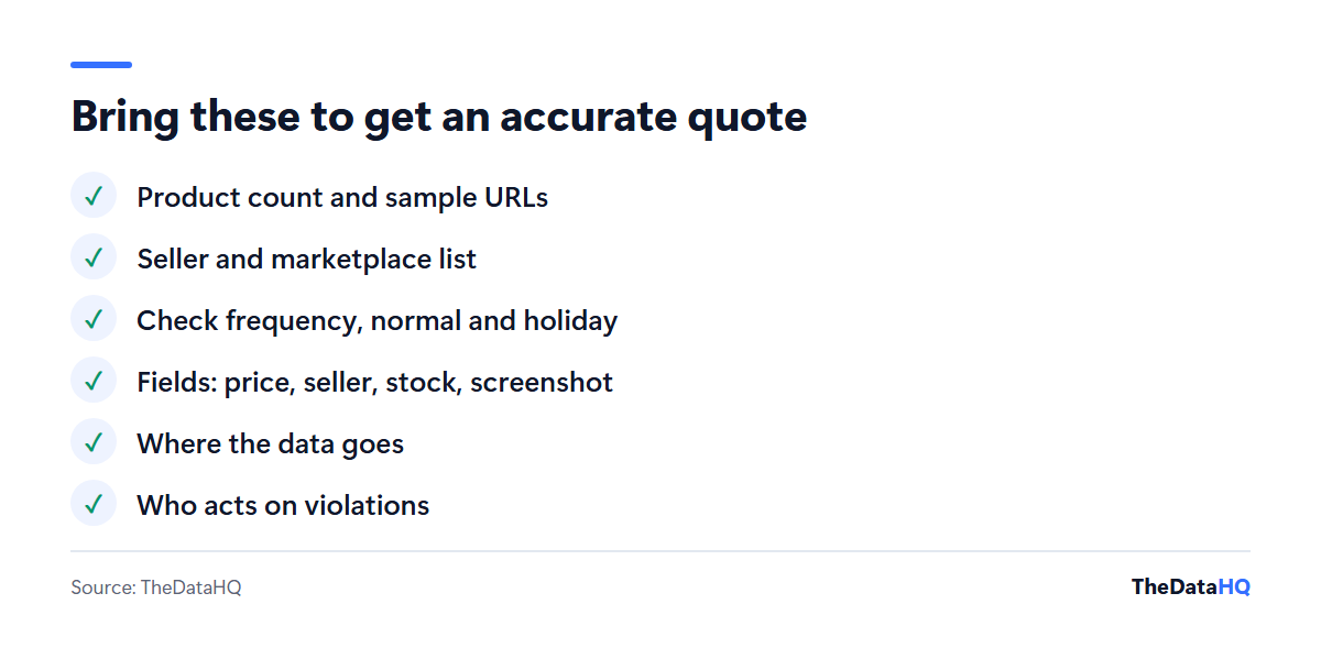 Checklist for an accurate MAP monitoring quote: product count, seller list with URLs, check frequency, fields needed, evidence format and where the data goes